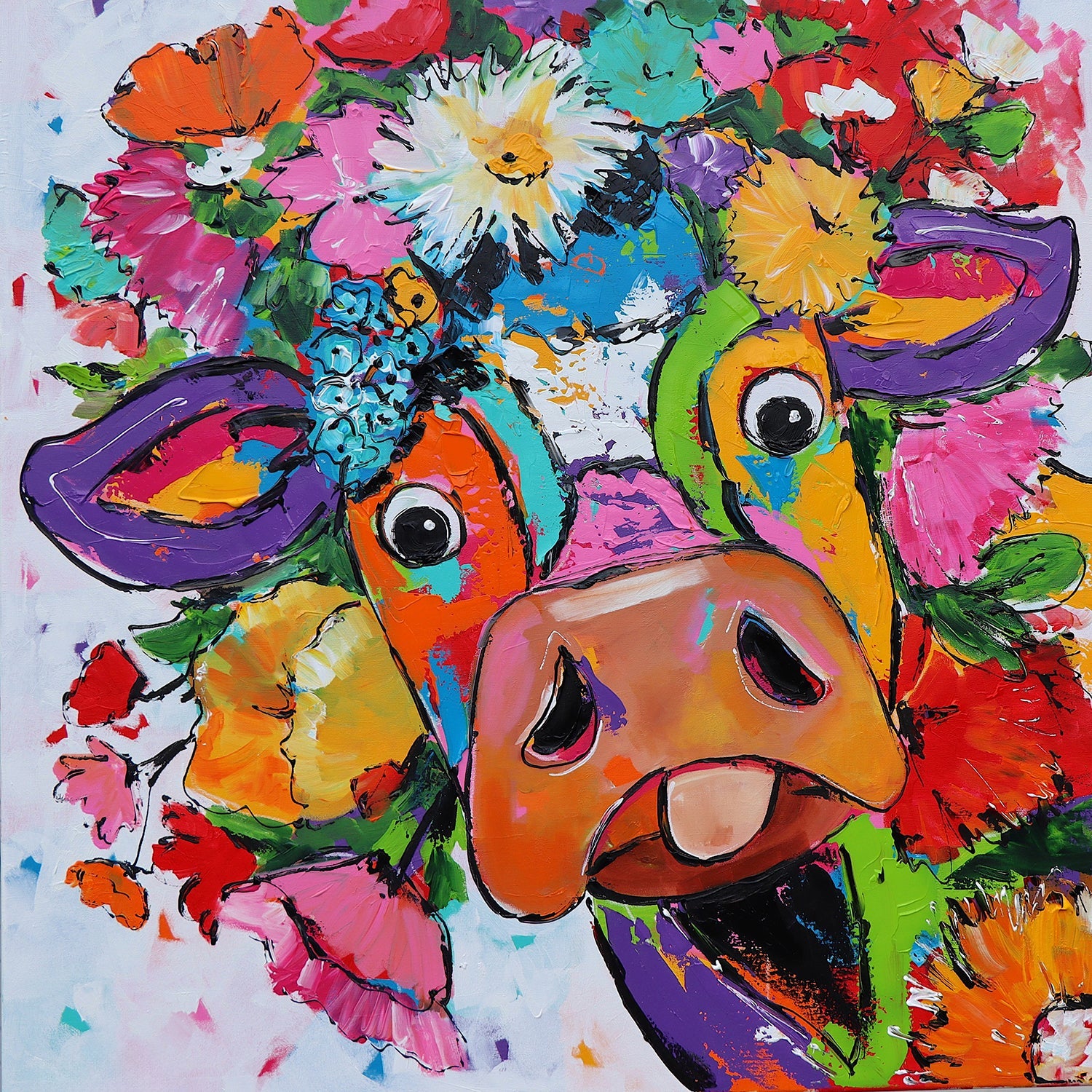 Fröhliche Malerei - Kuh mit Blumen