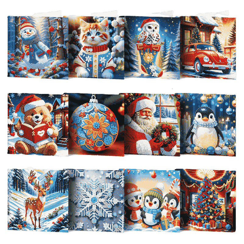 12 Weihnachtskarten – Weihnachtsmann & Tierchen-Set