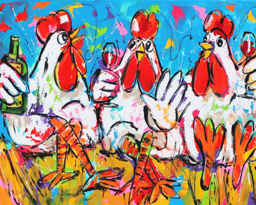 Fröhliche Malerei - Hühner mit Wein