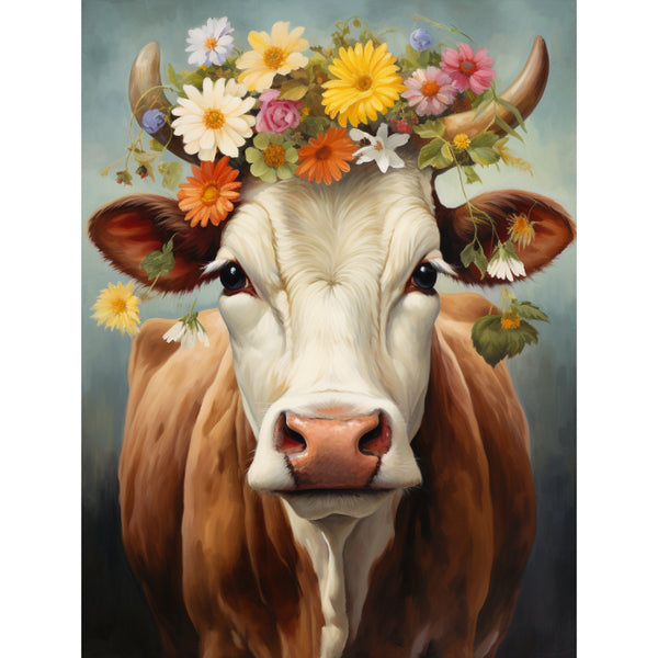 Kuh mit Blumenkranz