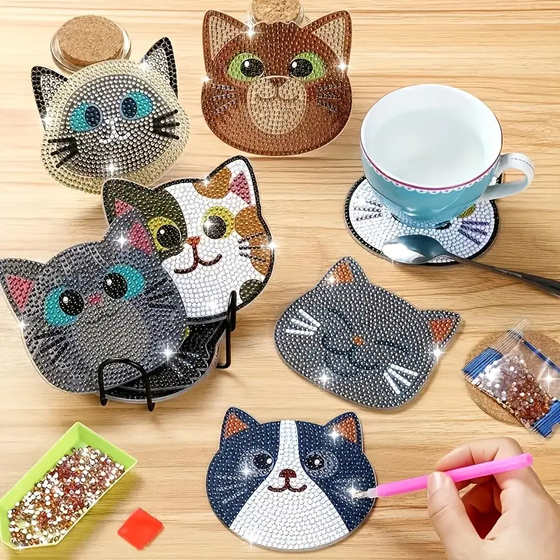 Diamond Painting Katzen-Untersetzer | 8 Stück