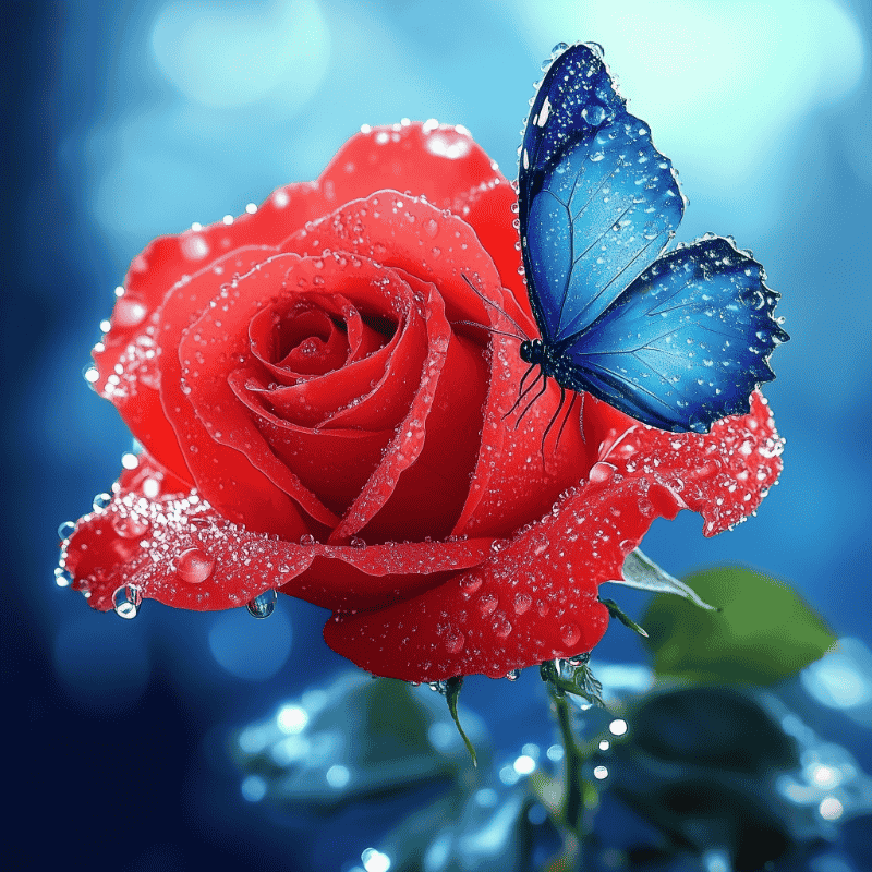 Blauer Schmetterling auf Rose