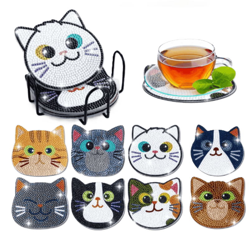 Diamond Painting Katzen-Untersetzer | 8 Stück
