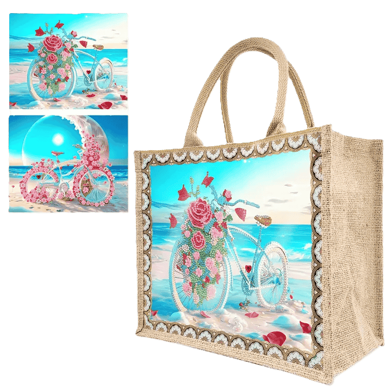 Diamond Painting Tragetasche – Fahrrad am Strand