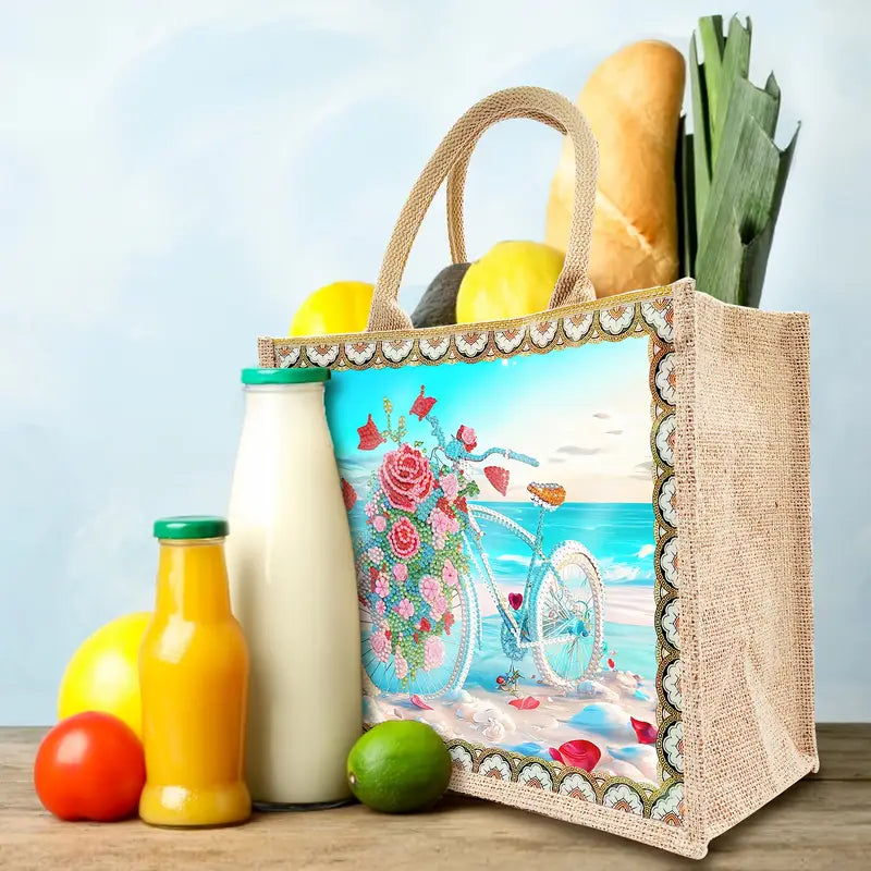 Diamond Painting Tragetasche – Fahrrad am Strand