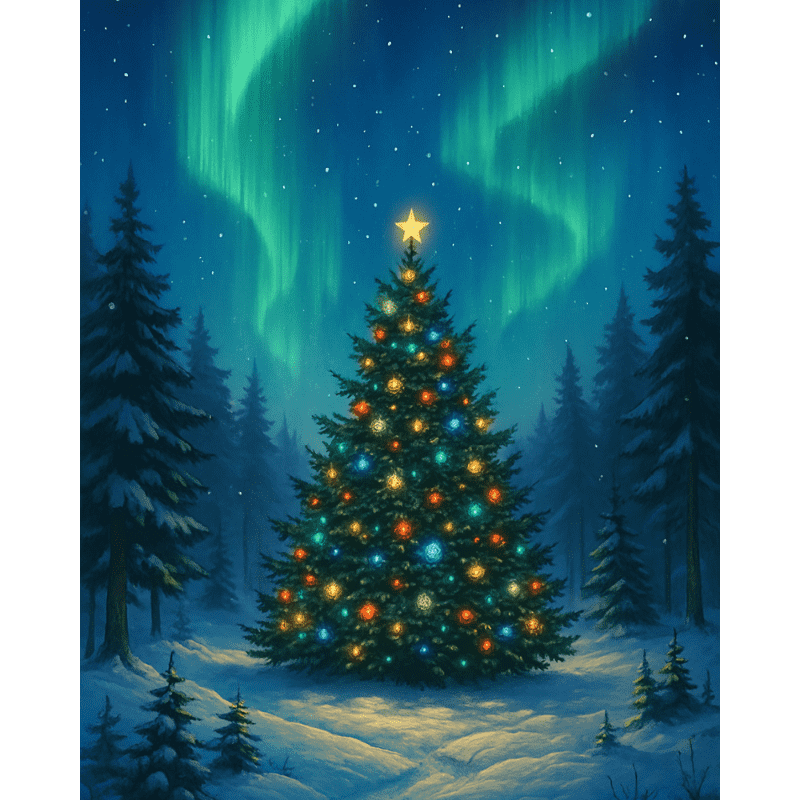 Weihnachtsbaum und Nordlichter-Diamond Painting Welt