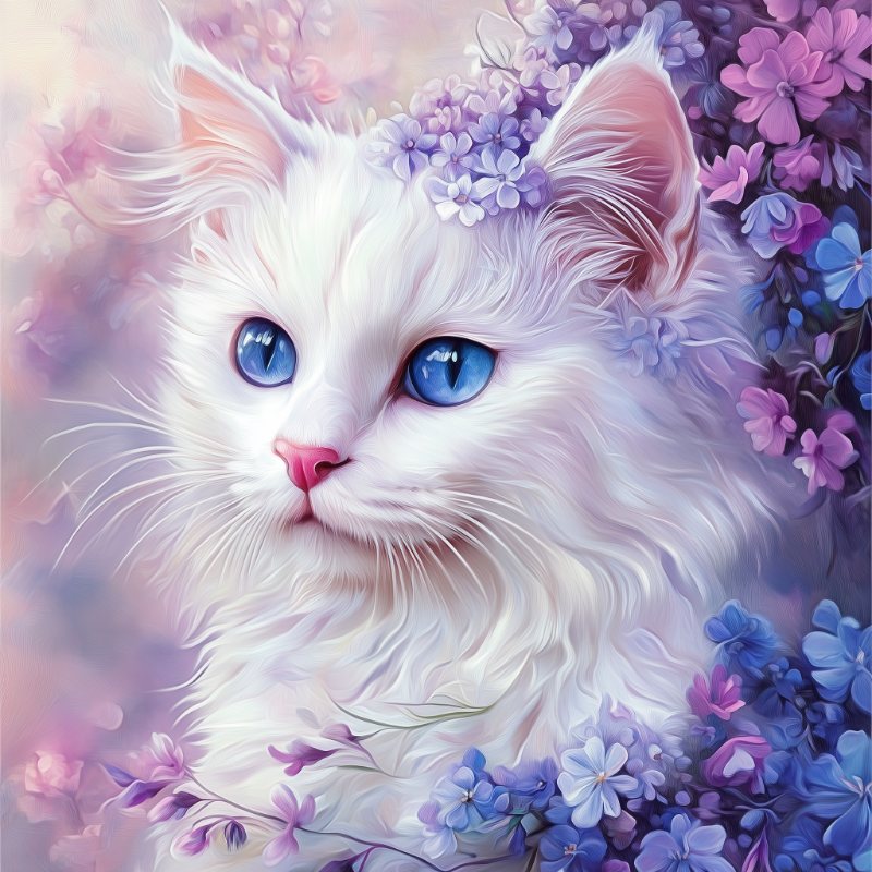 Weiße Katze mit Blumen