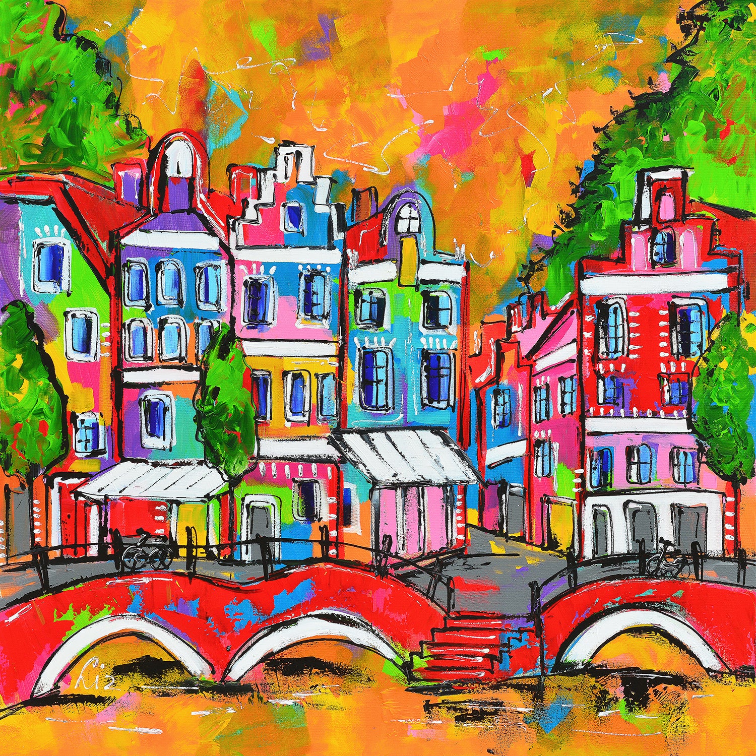 Fröhliche Malerei - Brücke mit Häusern