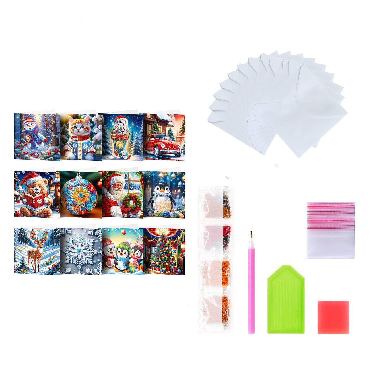 12 Weihnachtskarten – Weihnachtsmann & Tierchen-Set