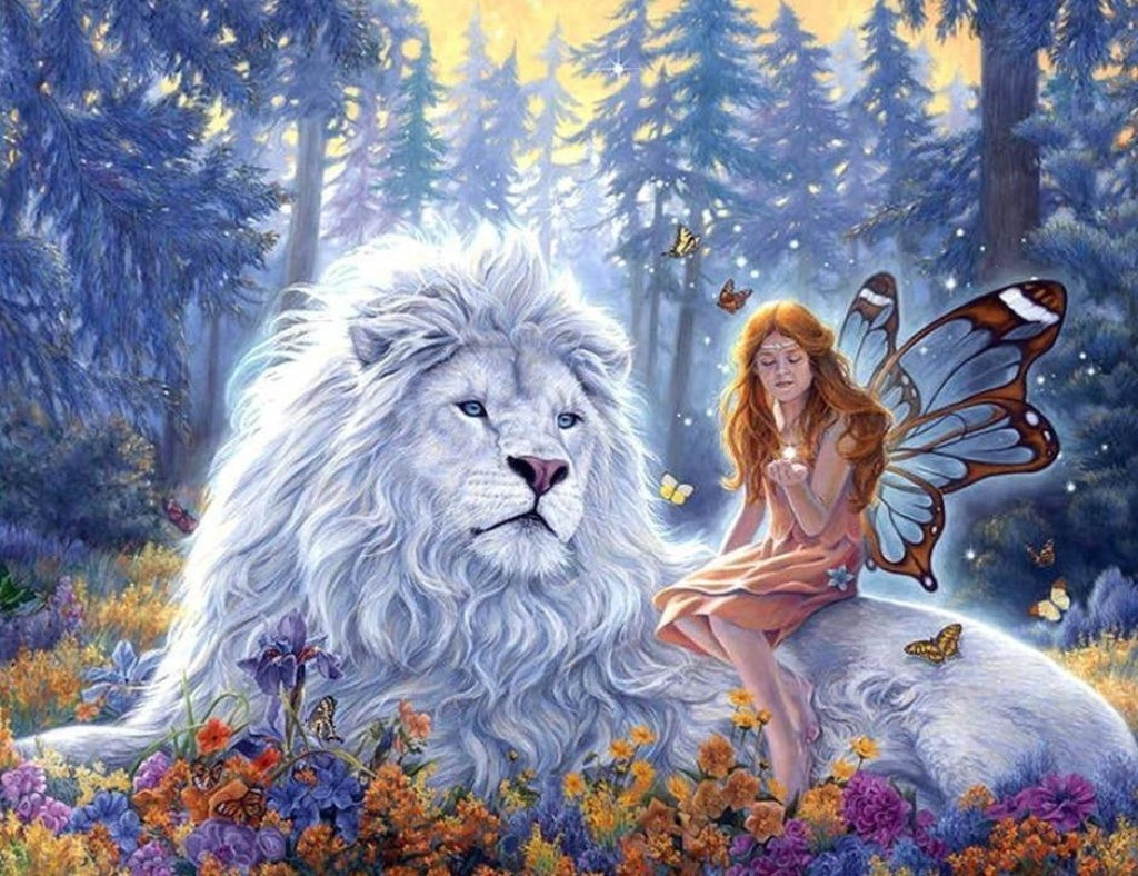 Großer weißer Löwe mit Elf