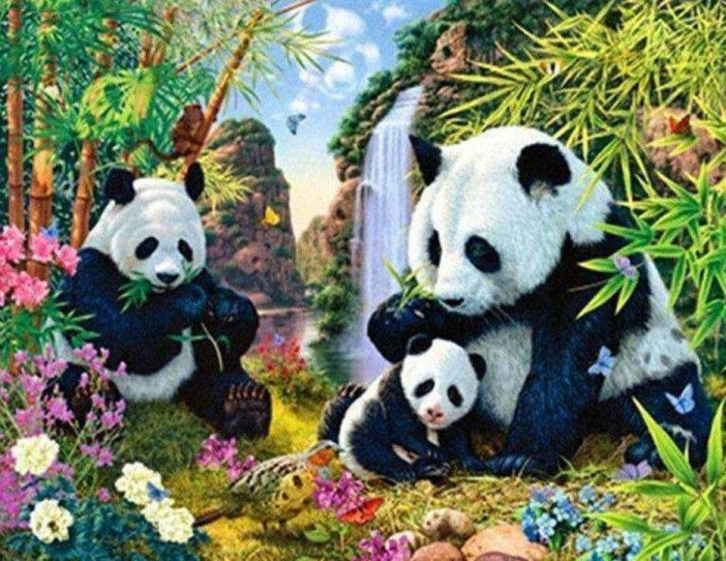Pandas Am Wasserfall | Morgen Zu Hause Voorraad Painting