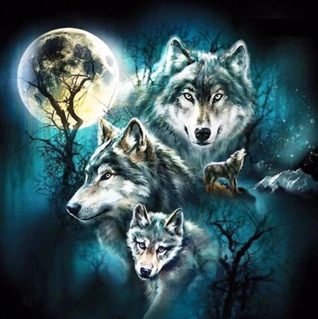 Vier Wölfe bei Vollmond