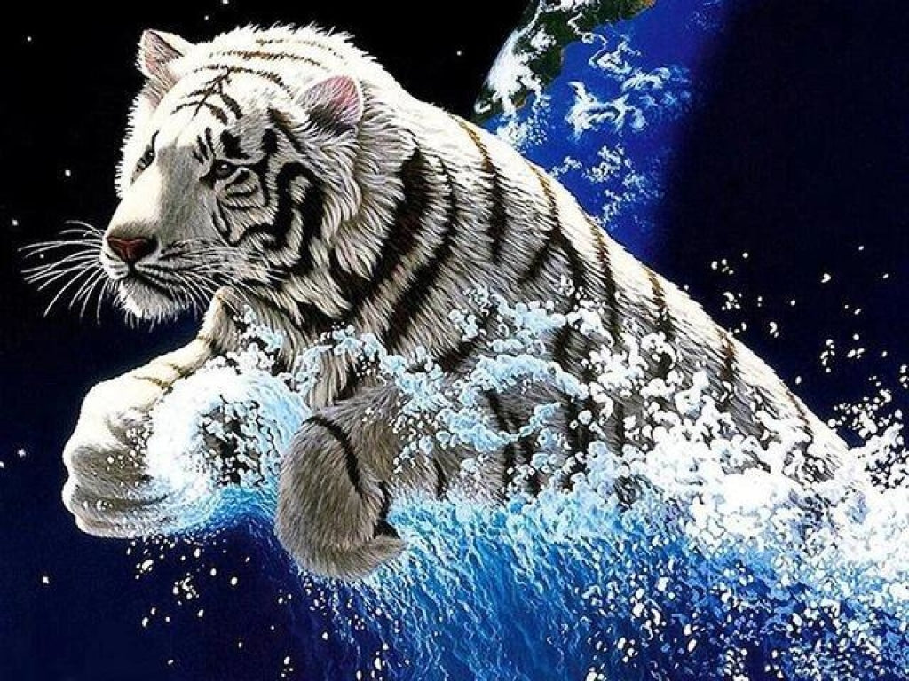 Weißer Tiger springt aus dem Wasser